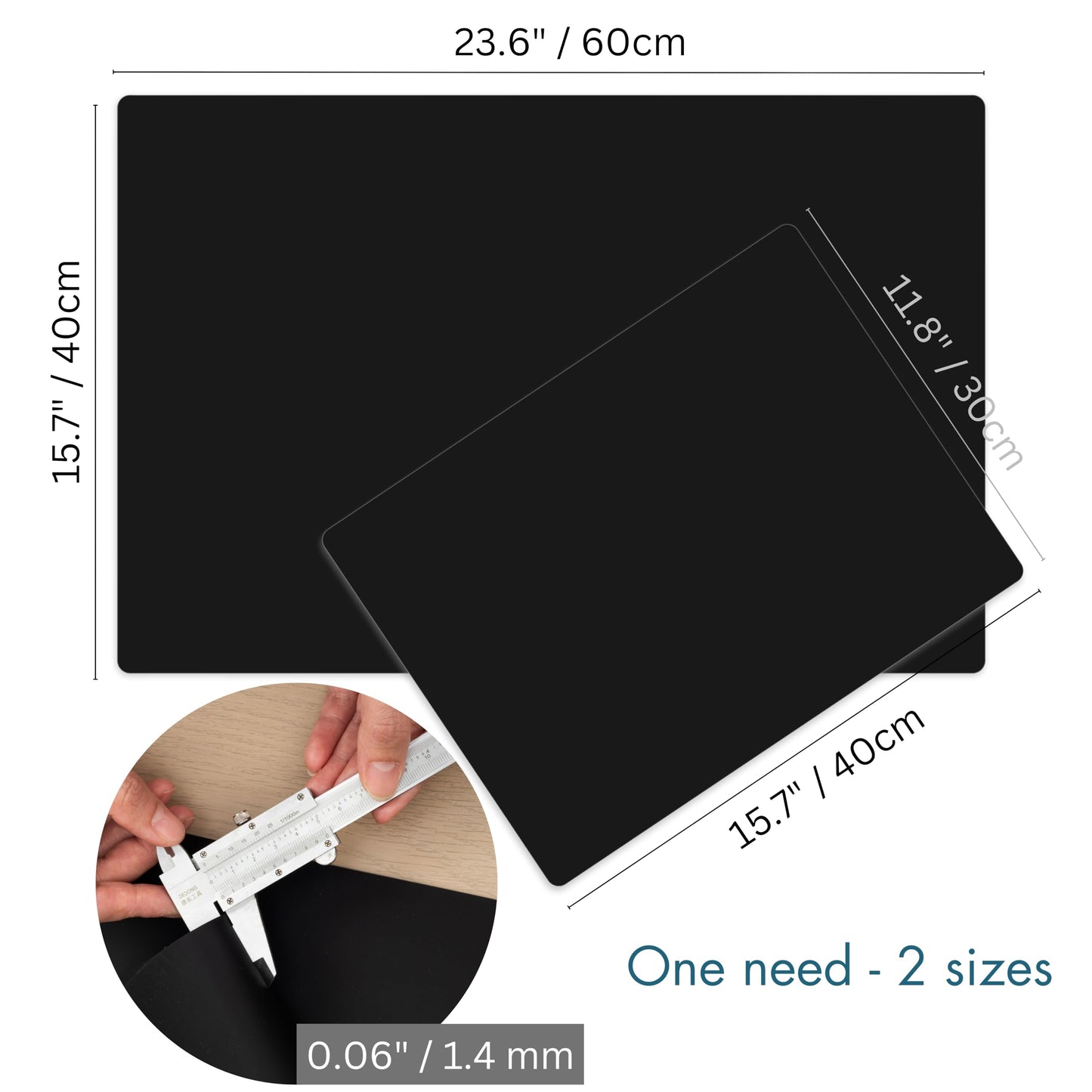 1.4MM THICK | 2 Pack Silicone Mats for Kitchen Counter, Large 23.6"x15.7" + Small 15.7"x11.8", Heat Resistant Mat, Kitchen Counter Top Covers, Non-Slip, Easy to Clean & Multipurpose Use, Black