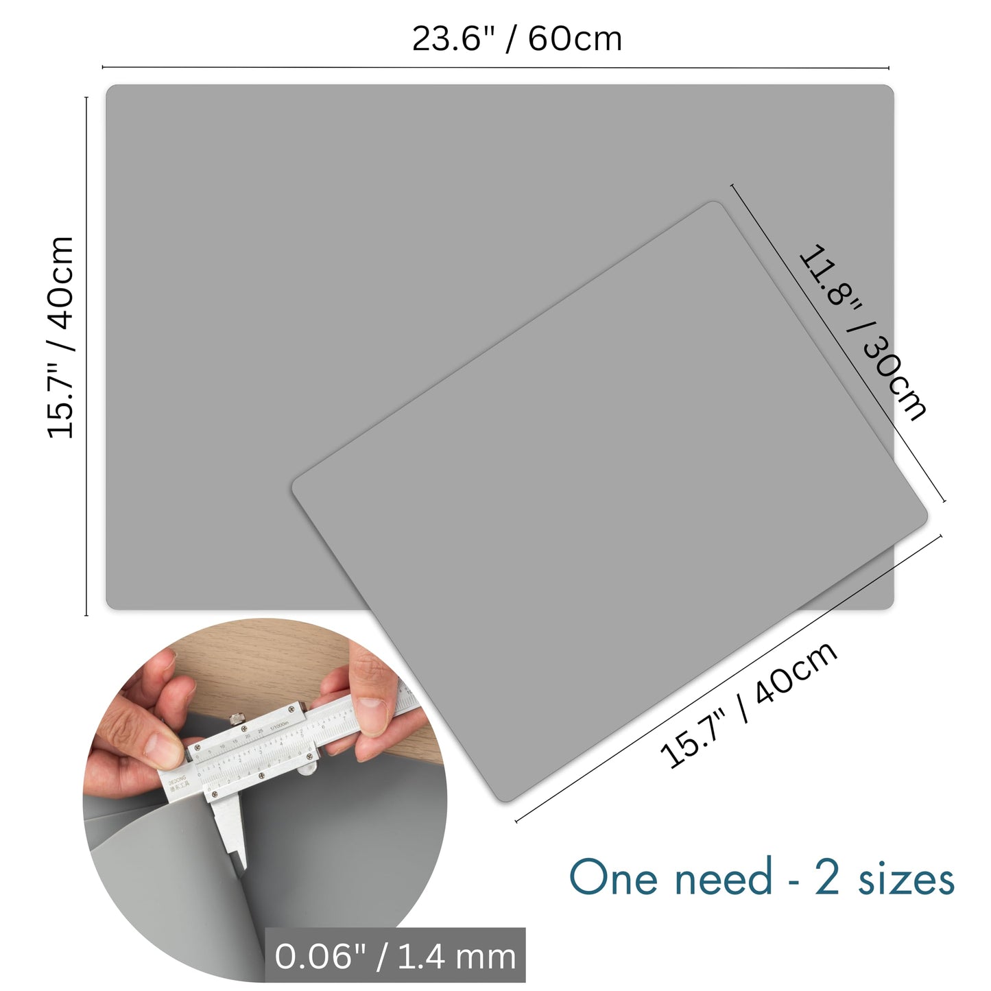 1.4MM THICK | 2 Pack Silicone Mats for Kitchen Counter, Large 23.6"x15.7" + Small 15.7"x11.8", Heat Resistant Mat, Kitchen Counter Top Covers, Non-Slip, Easy to Clean & Multipurpose Use, Gray