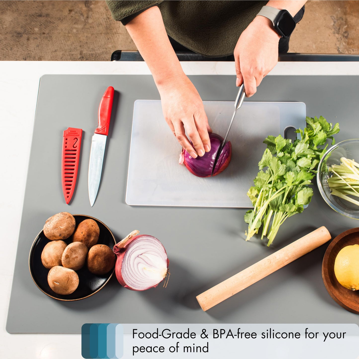 1.4MM THICK | 2 Pack Silicone Mats for Kitchen Counter, X-Large 27.5"x19.7" + Small 15.7"x11.8", Heat Resistant Mat, Kitchen Counter Top Covers, Non-Slip, Easy to Clean & Multipurpose Use, Gray