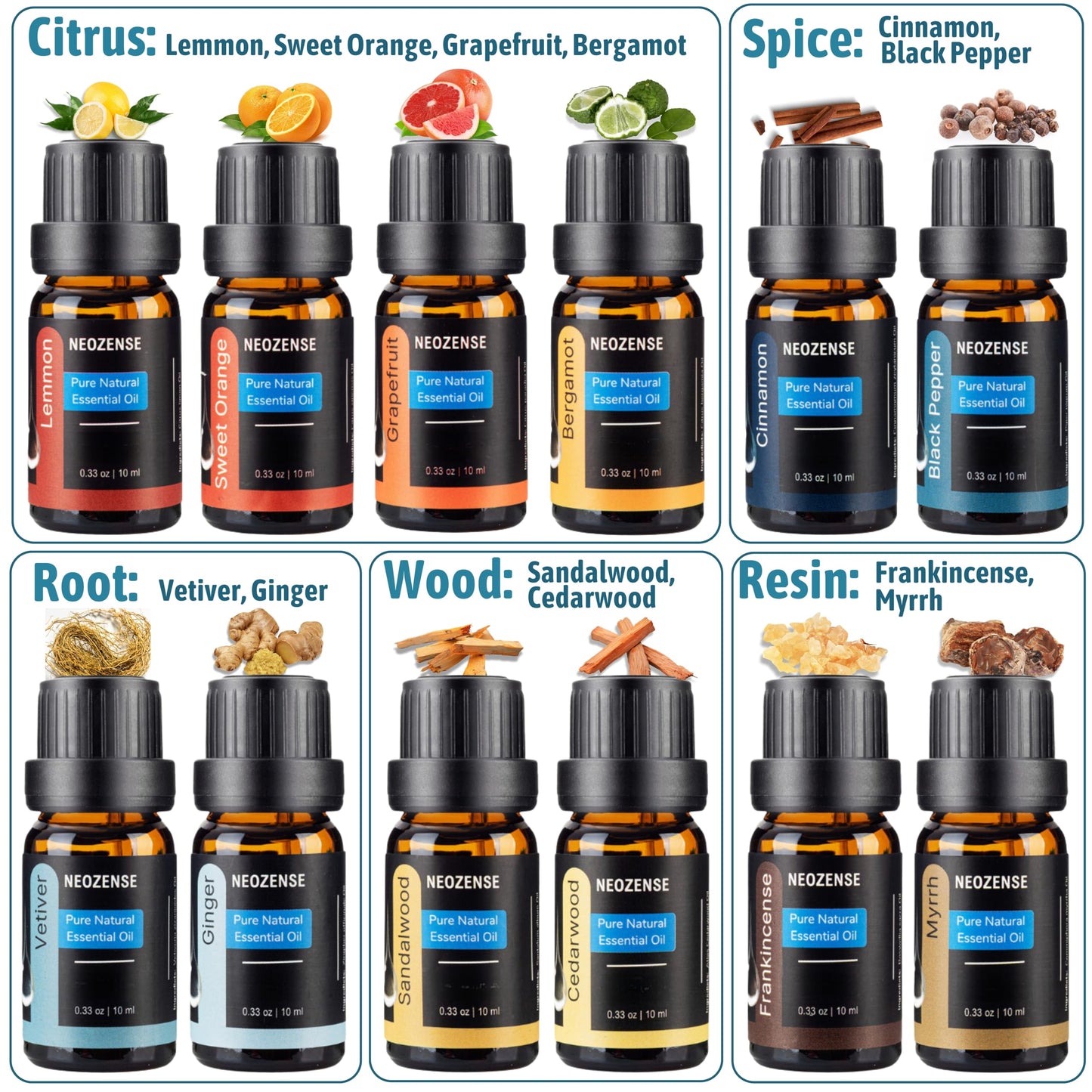 NEOZENSE Aromatherapy Citrus & Spice - 100% Pure Essential Oil Set 12 Pack/10 ml, "Including" a Gray Hard Shell Carrying Case - Frankincense, Cinnamon, Lemon, Ginger, Cedarwood, Myrrh, and More